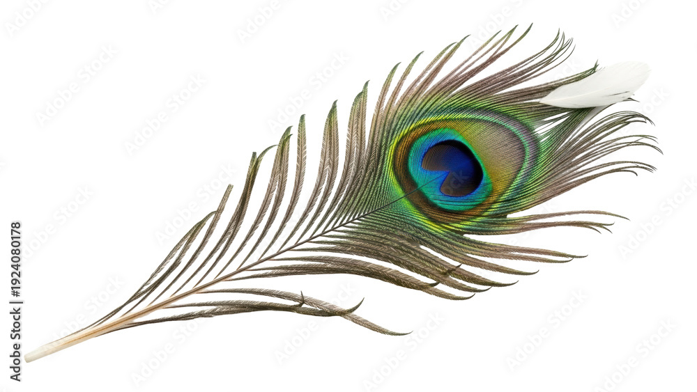 Fototapeta premium Isolated peacock tail feather with a shimmering eye on a neutral background, luxurious plumage
