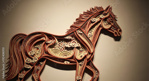 Intricate Wooden Horse Sculpture with Detailed Carvings.