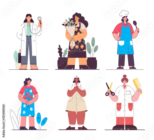 Women in different professions set. Doctor, florist, cook, nurse, hairdresser. Vector flat set