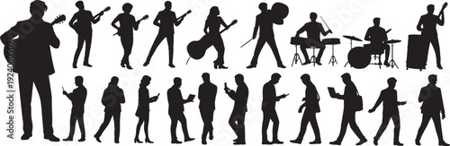 Silhouette illustration of musicians playing instruments and people using digital devices, symbolizing contrast between artistic creativity and modern technology engagement in contemporary lifestyle.