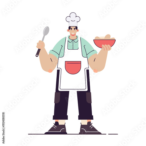 Cook in an apron with dish and ladle flat vector illustration
