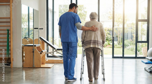 Rear view of male physiotherapist supporting senior woman with walker frame during rehabilitation session in bright modern clinic, geriatric care and recovery concept