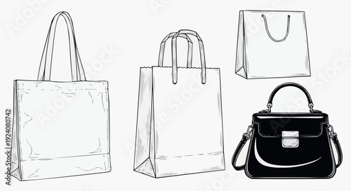 A set of handbags and shopping bags in a minimalist line art style