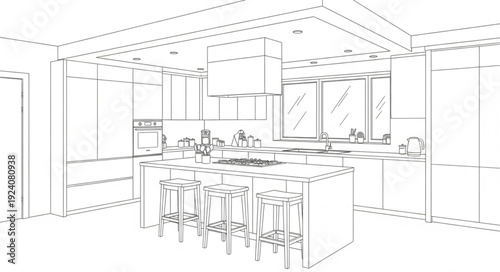 Interior design sketch of a modern kitchen with island and bar stools.