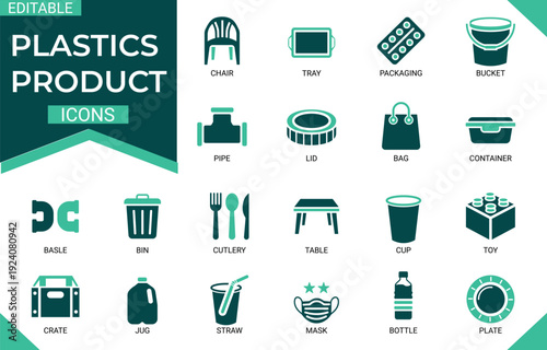  Plastic product solid icon set featuring polymer, material, synthetic, bottle, container, chemical, and manufacturing. Professional vector for industry.

