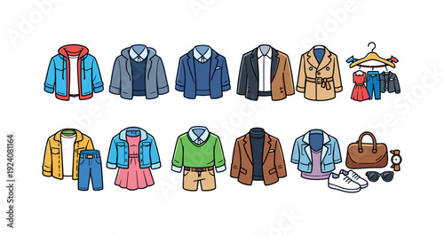 Fashion essentials flat icon set for everyday clothing and accessories