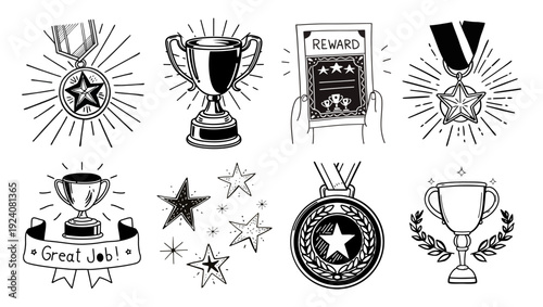 Winner's set of awards sketches. Awards, cups, certificates and medals hand drawn vector set
