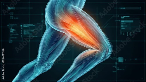 Medical animation of thigh muscle pain during running. Glowing red area on the quadriceps with futuristic holographic data overlay.