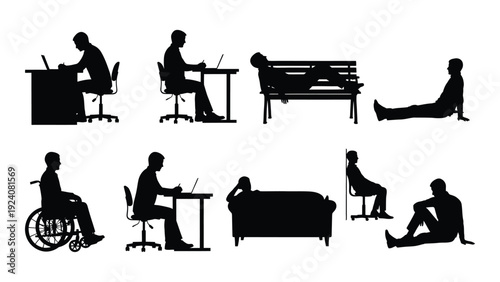 People sitting in different positions and using a computer isolated on white background, Vector