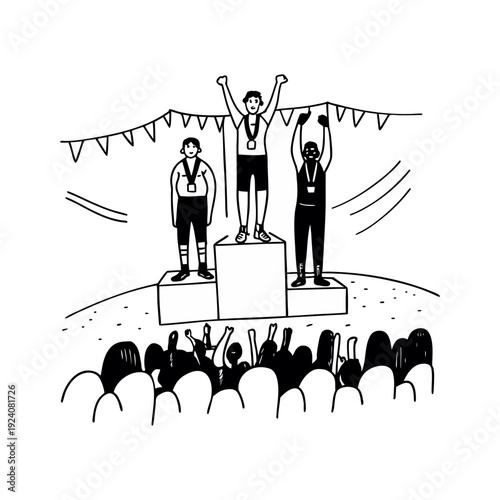 The winners are awarded on the podium hand drawn vector sketch