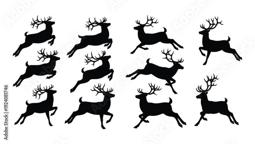 A group of running deer silhouettes isolated on white background, Vector