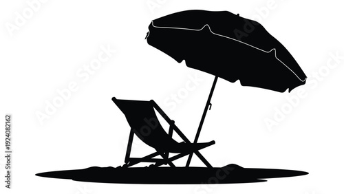 A black silhouette of a beach chair and umbrella isolated on white background, Vector