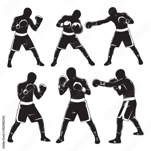 Boxing fighters silhouette sequence punch kick training workout black white vector illustration sports combat