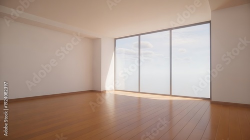 Modern empty room with large window and wooden floor