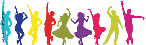 Colorful dancing people silhouettes set, energetic men and women party celebration isolated on white background vector illustration