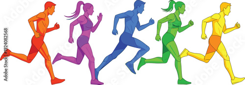 Colorful running athletes vector illustration, men and women sprinting isolated on white background fitness sport concept design