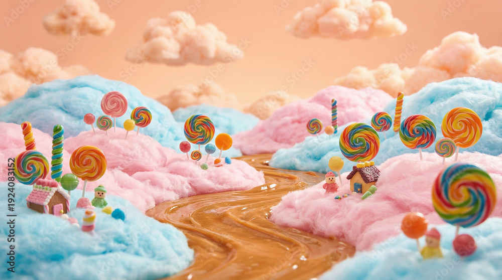 Naklejka premium Fantasy candy village with gingerbread houses and caramel river. Whimsical sweet landscape panorama