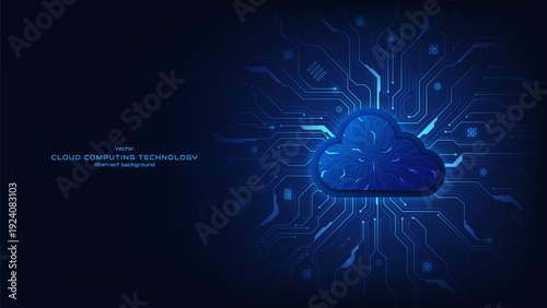 Futuristic cloud with neon light on a circuit board. Cloud computing and data storage concept. Digital data transforms download and upload. Symbolizes technological advancement. Vector illustration.