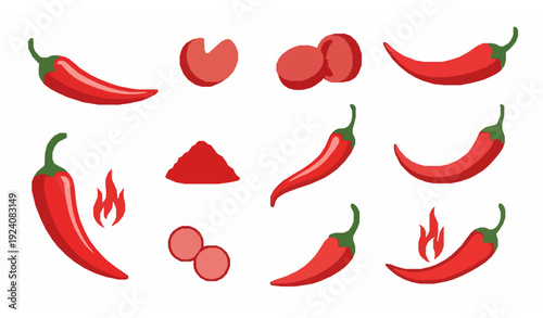 Hot Chili Pepper Icon Vector Set – Red Paprika and Spicy Food Illustration