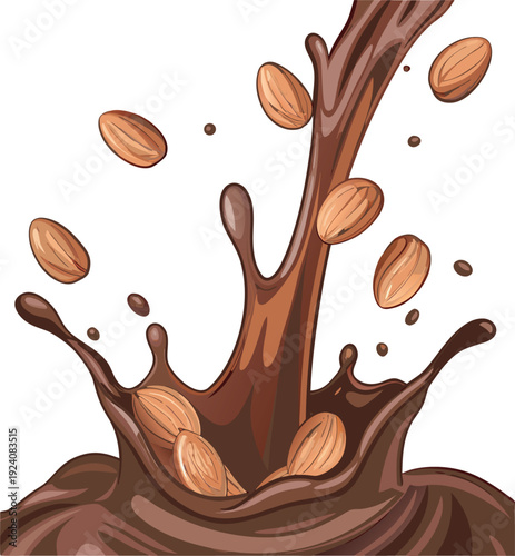 A dynamic splash of rich melted chocolate with whole almonds falling into it, some mid-air and some partially submerged. 
