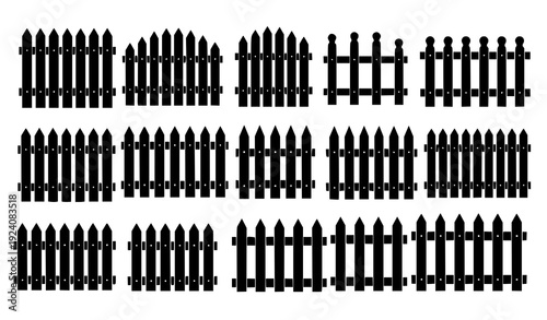 White Picket Fence Silhouette Vector Set – Rustic Wooden Fence Icons