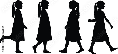 girl walking silhouettes vector illustration, ponytail dress artwork, human locomotion design concept, motion sequence study, biomechanics animation poses, black white creative artwork set