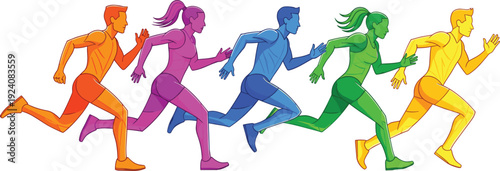 Colorful running people silhouettes, men and women sprinting athletes vector illustration isolated on white background fitness concept