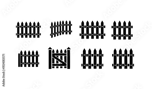 Rustic Wooden Fence Logo Collection – Black Picket Vector Icons