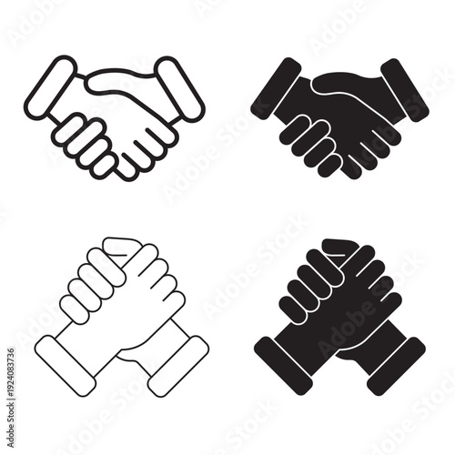 Handshake partnership agreement cooperation teamwork support unity solidarity business collaboration trust alliance community line and solid icon set vector illustration