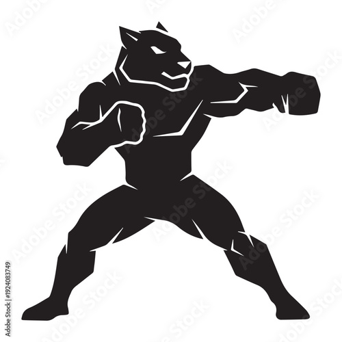 Futuristic cyber warrior in fighting stance with neon blue lighting effects isolated on white