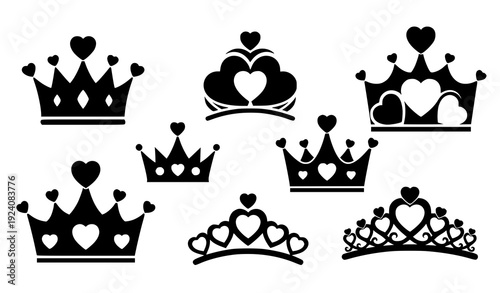 Love Heart Crown Silhouette Set – Black Royal Clip Art Vector Illustration