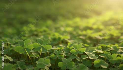 Green background with three-leaved shamrocks, Lucky Irish Four Leaf Clover in the Field for St. Patricks Day holiday symbol. with three-leaved shamrocks, St. Patrick's day holiday symbol, Celtic 