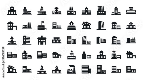 A collection of 36 black and white icons depicting various buildings and structures isolated on white background, Vector