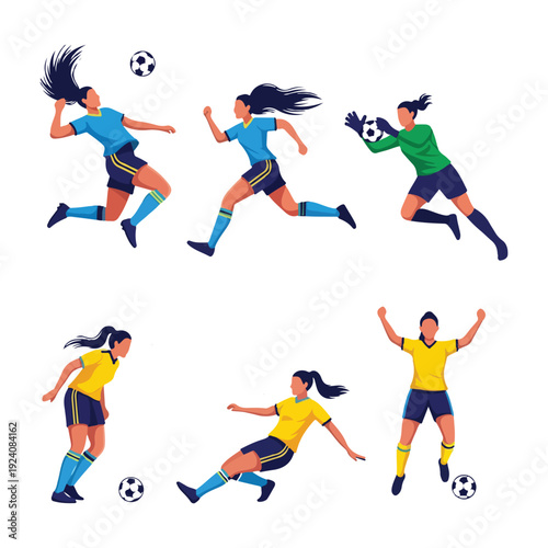 Female soccer players in action mid-air kicking ball dynamic sports competition illustration