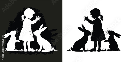 Black and white vector silhouette set of a young girl playing with two rabbits in nature for childhood education wildlife protection and storytelling branding