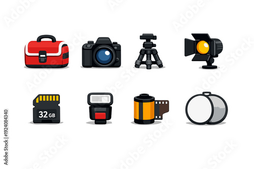 Collection of stylized photography equipment icons on a white background