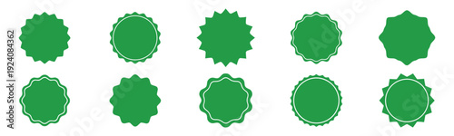 Green starburst price tags and sunburst seal badges set for organic product labels and discount marketing promotion