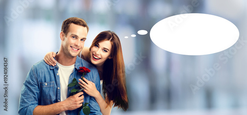 Canvas-taulu Love, relationship, dates, romance concept - portrait of happy smile young couple hold red rose, blurred interior background