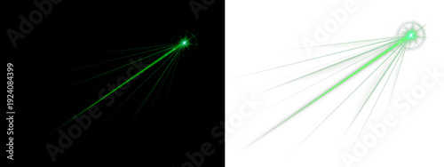 Green laser streak glows vividly across a transparent surface. Tiny neon particles highlight the beam path, creating a dynamic visual. Perfect for sci-fi and abstract designs.