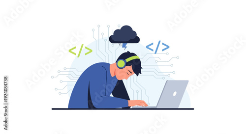 Focused Developer Coding on Laptop with Cloud Computing & Circuitry. Programming, Software Development & Technical Solutions