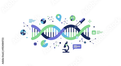 Genetic Research and Biotechnology Concept: DNA Helix with Scientific Icons for Medical Innovation and Personalized Medicine