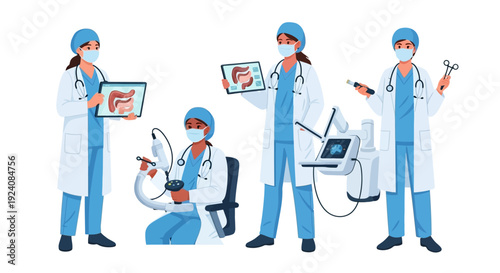 Female Medical Professionals with Advanced Diagnostic & Surgical Technology Vector Illustration. Healthcare, Modern Medicine, & Research.