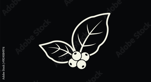 Coffee Leaf with Cherry Pair Monoline Outline on Black – Off-White Minimal Coffee Plant Vector Line Art