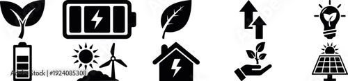 eco energy and sustainability icon set with green technology, renewable energy battery solar eco house icon collection, sustainable eco technology and green energy vector icons