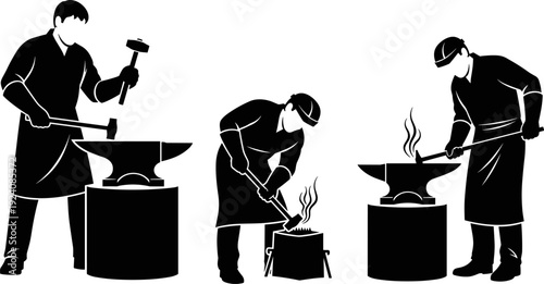 Black and White Silhouette Illustration of Professional Blacksmiths Working with Anvils and Hammers