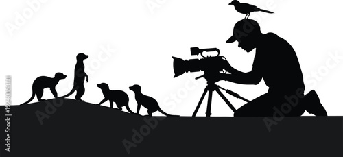 Black vector silhouette of a wildlife photographer filming meerkats in nature with a bird on his hat for documentary film and media branding, cad drawing flat vector illustration