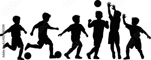 Black Silhouette of Kids Playing Soccer and Football, Flat Vector Illustration on White Background