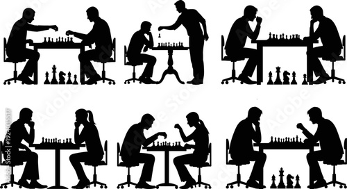 Black Silhouette Set of People Playing Chess, Strategy and Competition Flat Vector Illustration