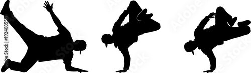 Breakdance Silhouette Set, Hip Hop Dancers Performing Street Dance Moves, Flat Vector Illustration