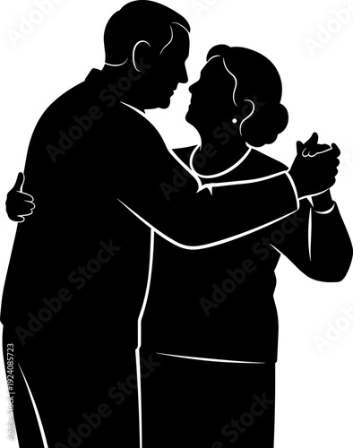 Elderly Couple Dancing Together in Romantic Pose, Senior Lovers Flat Vector Silhouette Art